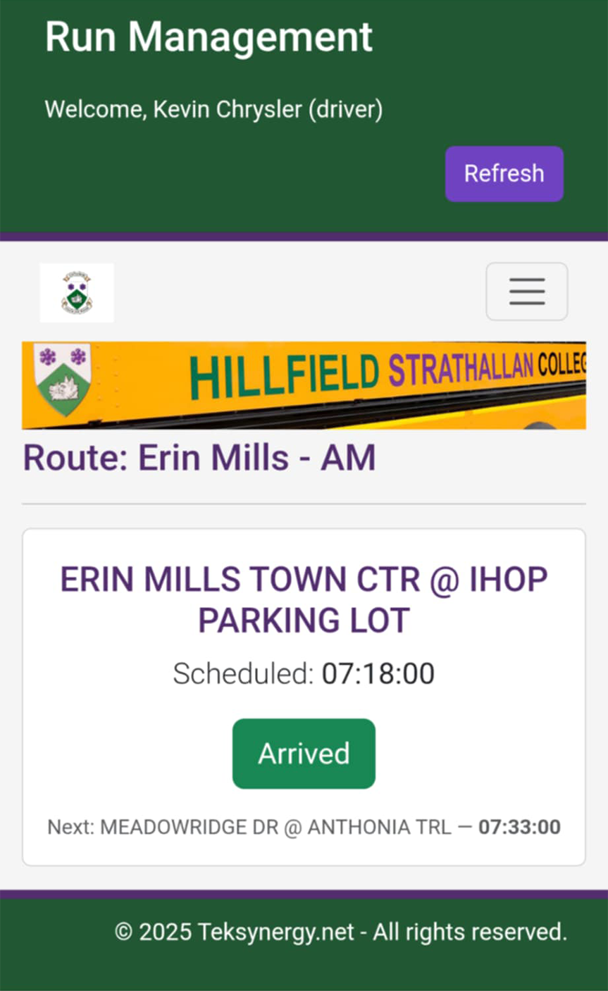 Driver run screen showing upcoming stop, scheduled arrival time, and an Arrived button